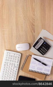 Business or student workplace and stationary supplies at desk table background. Study learning concept idea