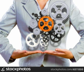 Business organization. Close up image of businesswoman holding gears in hands