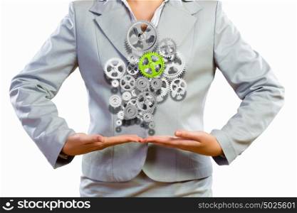 Business organization. Close up image of businesswoman holding gears in hands