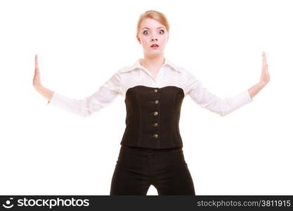 Business. Overworked businesswoman pushing away virtual problem blank copy space isolated on white. Stressed woman moving invisible obstacle.