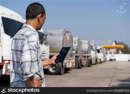 Business owner hold tablet in front of oil truck after performing a pre-trip inspection on a truck. Concept of preventive maintenance.