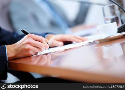 business papers on the table. Image of a business work place with papers on the table