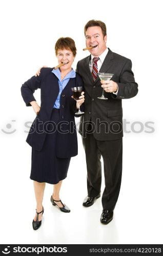 Business partners celebrating their success with cigars and cocktails. Isolated on white.