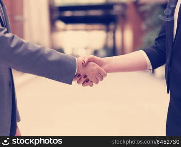 business partners concept with businessman and businesswoman handshake at modern office indoors