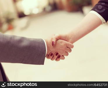 business partners concept with businessman and businesswoman handshake at modern office indoors