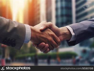 Business partners greeting handshake in office building.AI Generative