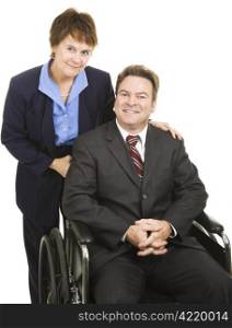 Business partners, male and female. He is in a wheelchair. Isolated on white.