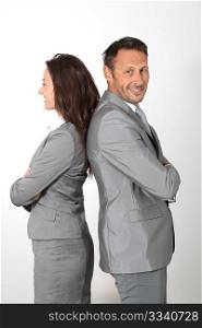 Business partners standing on white background