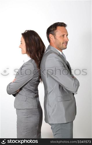 Business partners standing on white background