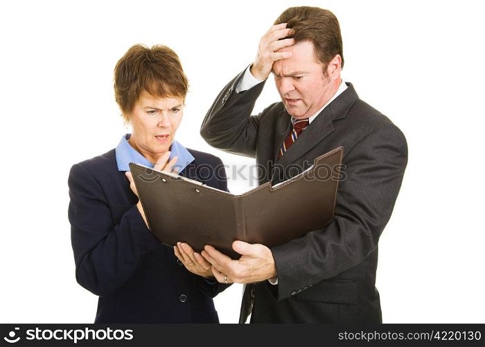 Business partners very upset over current financial report. Isolated on white.