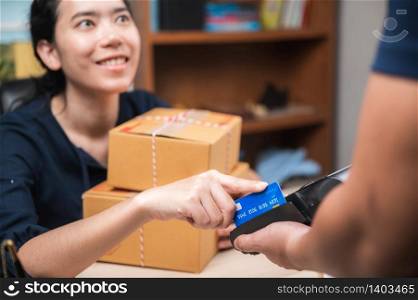 business paying with credit card machine, client purchase payment concept