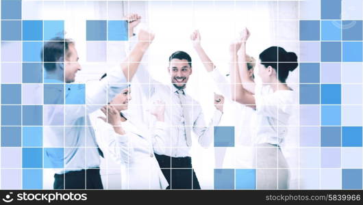 business, people, achievement and success concept - happy business team celebrating victory in office over blue squared grid background