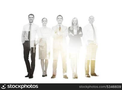 business, people and corporate concept - group of smiling businessmen over whine background and double exposure effect. group of smiling businessmen