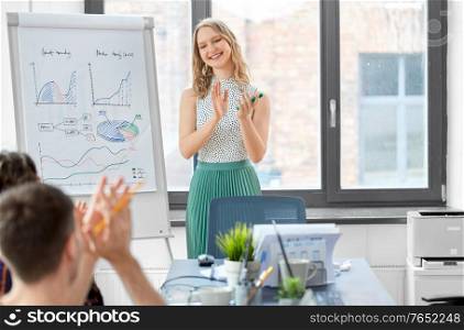 business, people and corporate concept - team of happy startuppers with statistics on flip chart working at office. business team or startuppers working at office