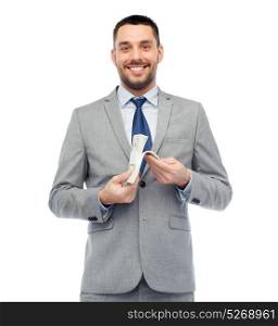 business, people and finances concept - smiling businessman with american dollar money. smiling businessman with american dollar money