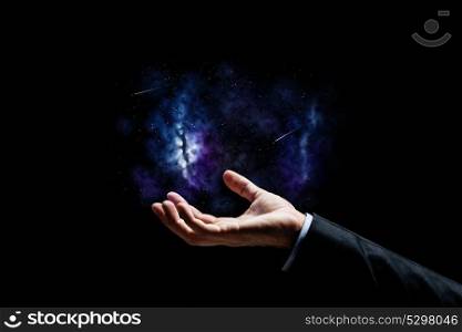 business, people and future concept - close up of businessman hand over space background. close up of businessman hand over space background
