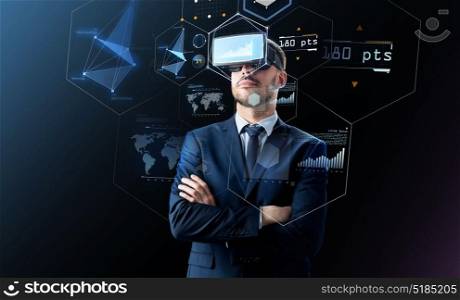 business, people and future technology concept - businessman in headset over black background with virtual screens. businessman in virtual reality headset over black