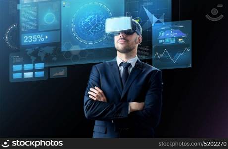 business, people and future technology concept - businessman in headset over black background with virtual screens. businessman in virtual reality headset over black