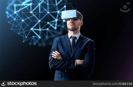 business, people and future technology concept - businessman in virtual headset over black background with low poly shape projection. businessman in virtual reality headset over black
