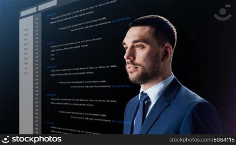 business, people and future technology concept - businessman with coding on virtual screen over black background. businessman with coding on virtual screen. businessman with coding on virtual screen