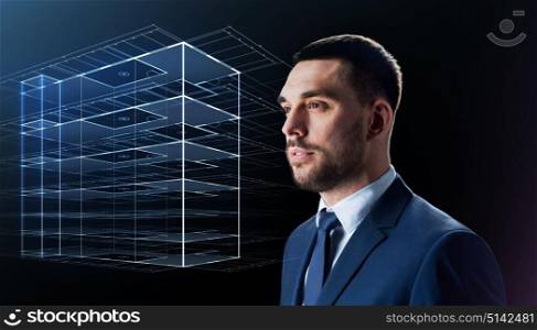 business, people and future technology concept - businessman with virtual construction hologram over black background. businessman in suit with virtual building hologram