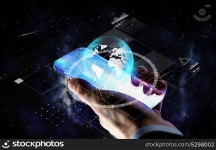 business, people and future technology concept - close up of businessman hand with smartphone and virtual earth projection over space background. hand with smartphone and earth projection