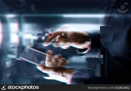 business, people and future technology concept - close up of businessman hands with transparent smartphone over abstract background. close up of businessman with glass smartphone. close up of businessman with glass smartphone
