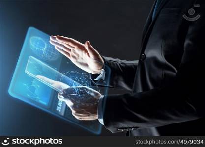 business, people and future technology concept - close up of businessman hands with transparent tablet pc computer and virtual screen projection over black background. close up of businessman with transparent tablet pc