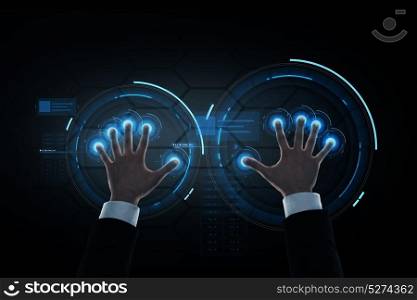 business, people and future technology concept - close up of businessman hands with virtual projection over black background. businessman hands with virtual projection