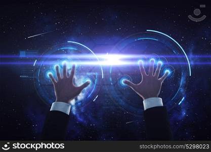 business, people and future technology concept - close up of businessman hands with virtual projection over space background. businessman hands with virtual projection