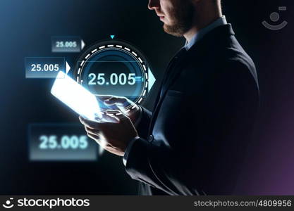 business, people and future technology concept - close up of businessman with transparent tablet pc computer over dark background
