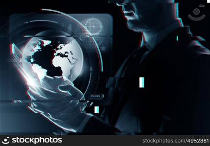business, people and future technology concept - close up of businessman with transparent tablet pc computer and earth projection over virtual glitch effect. close up of businessman with transparent tablet pc