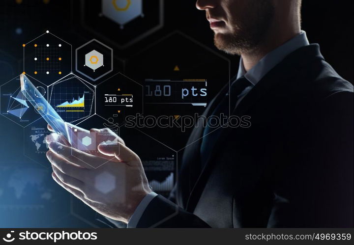 business, people and future technology concept - close up of businessman with transparent tablet pc computer and virtual screen projection over black background. close up of businessman with transparent tablet pc