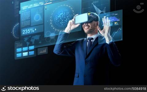 business, people and future technology concept - smiling businessman in headset over black background with virtual screens. businessman in virtual reality headset over black. businessman in virtual reality headset over black