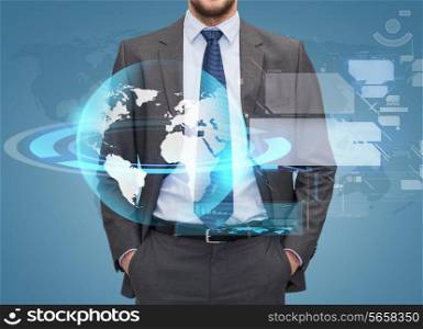business, people and global connection concept - close up of businessman over blue background with globe hologram and virtual screens