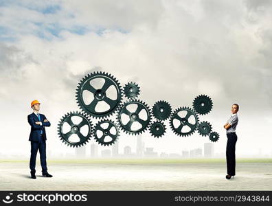 Business people and mechanism elements