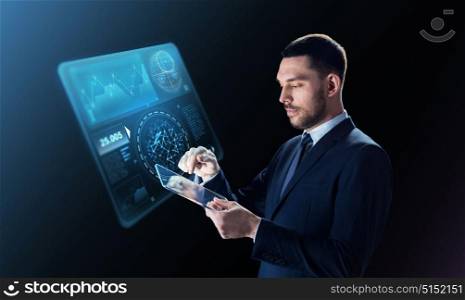 business, people and modern technology concept - businessman in suit working with transparent tablet pc computer and virtual screen projection over black background. businessman in suit with transparent tablet pc