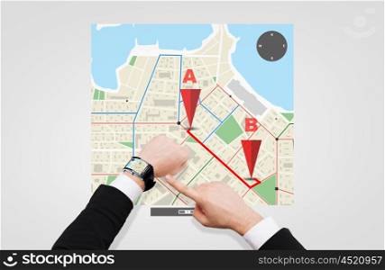 business, people and modern technology concept - close up of businessman pointing to smart watch at his hand with gps navigator map on screen