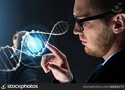 business, people and modern technology concept - close up of businessman with smart watch and dna molecule projection and dna molecule projection over black background. close up of businessman with smart watch