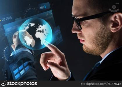 business, people and modern technology concept - close up of businessman with smart watch, virtual screen projection and earth projection over black background. close up of businessman with smart watch