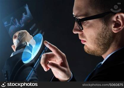 business, people and modern technology concept - close up of businessman with smart watch and virtual screen projection over black background. close up of businessman with smart watch