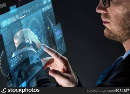 business, people and modern technology concept - close up of businessman with smartwatch and virtual screen projection over black background. close up of businessman with smartwatch. close up of businessman with smartwatch