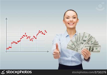 business, people and money concept - smiling businesswoman with dollar cash money showing thumbs up gesture over gray background and forex graph going up