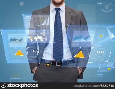 business, people and office concept - close up of businessman over blue graph and virtual screens projection background