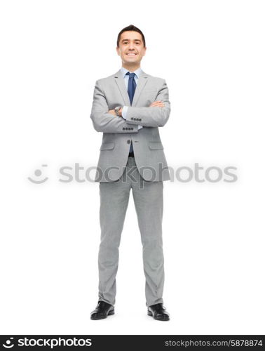 business, people and office concept - happy smiling businessman in suit