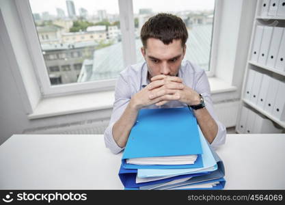 business, people and paperwork concept - businessman taking papers from secretary in office