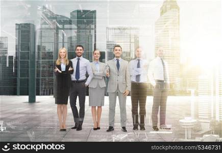 business, people and partnership concept - group of smiling businessmen making handshake over city background and double exposure effect. group of smiling businessmen making handshake