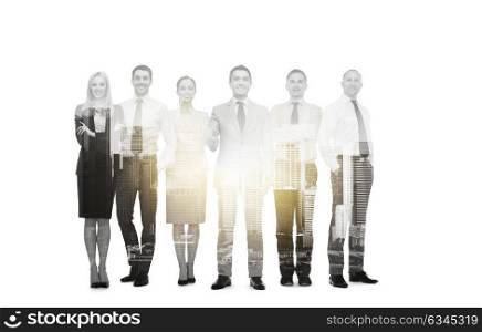 business, people and partnership concept - group of smiling businessmen making handshake over whine background and double exposure effect. group of smiling businessmen making handshake