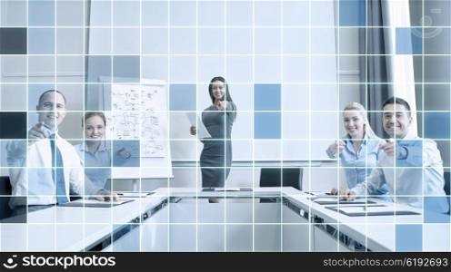 business, people and teamwork concept - group of smiling businesspeople meeting and pointing finger at you in office over blue squared grid background
