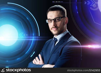 business, people and technology concept - businessman in glasses over black background with holograms. businessman in glasses over black